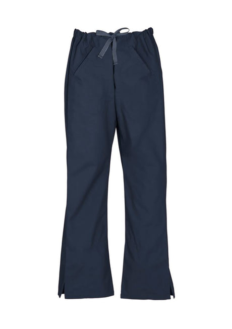 Navy ladies bootleg scrub pants in XXS, featuring soft-touch fabric, elastic waistband, and practical pockets from Biz Collection.