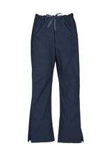 Navy bootleg scrubs pants for women in size XS, featuring pockets, elastic waistband, and breathable fabric for comfort.