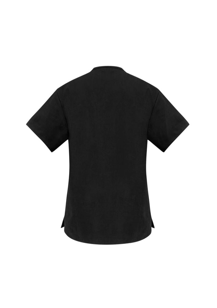 Ladies Classic Black Scrubs Top in Size L, featuring dual pockets, soft stretch fabric, and durable for professional healthcare use.