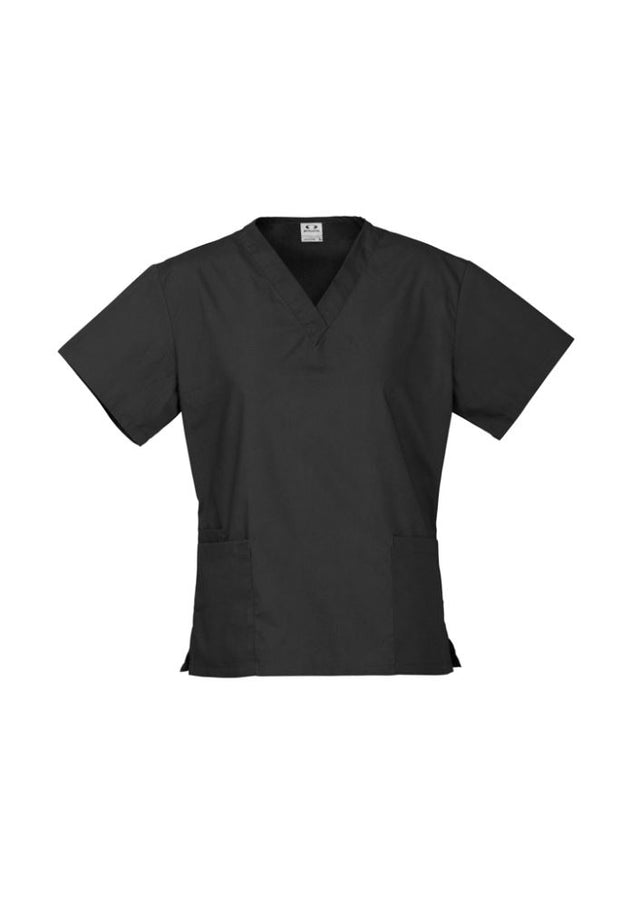 Ladies Classic Black Scrubs Top in 2XL, featuring soft, stretchy fabric, two front pockets, and designed for comfort and functionality.