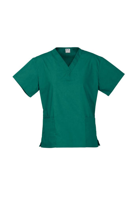 Ladies classic Hunter Green scrubs top in Size M, featuring soft fabric, two lower pockets, and comfortable stretch for medical professionals.