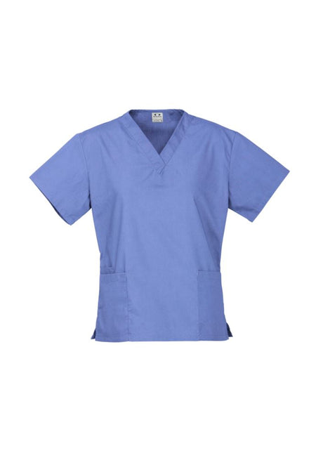 Ladies Classic Mid Blue Scrubs Top in XL, featuring soft stretch fabric, two front pockets, and durable for healthcare workers.