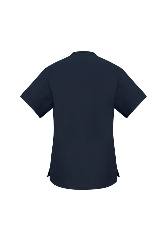 Navy Ladies Classic Scrubs Top in Size S with two lower pockets, designed for comfort and functionality for healthcare professionals.