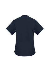 Navy Ladies Classic Scrubs Top in Size S with two lower pockets, designed for comfort and functionality for healthcare professionals.