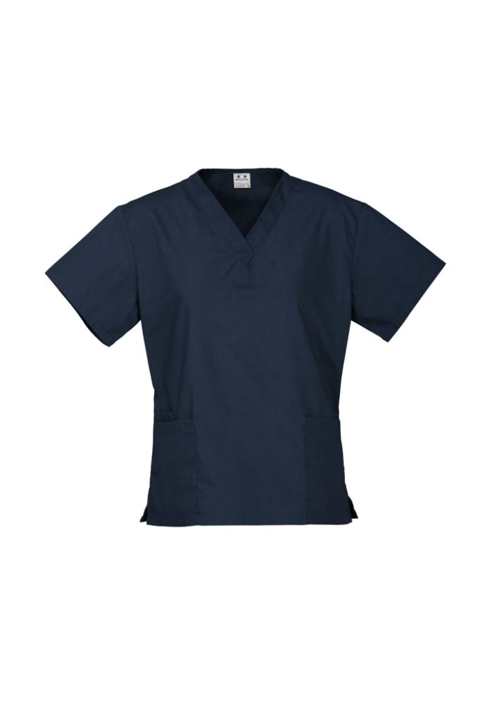 Navy Ladies Classic Scrubs Top in Size S, featuring soft fabric, natural stretch, and multiple pockets for convenience.