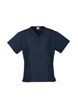 Navy Ladies Classic Scrubs Top in Size S, featuring soft fabric, natural stretch, and multiple pockets for convenience.