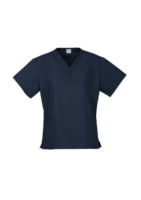 Navy ladies' classic scrubs top in size L, featuring soft stretch fabric, two front pockets, and a professional look for healthcare.