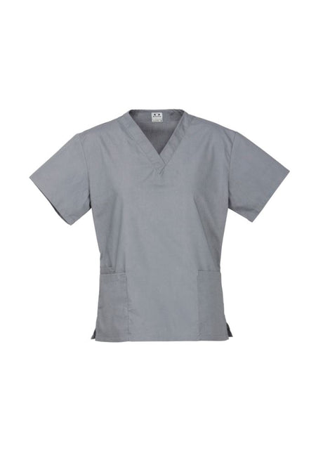 Ladies Classic Scrubs Top in pewter, size 2XL, featuring two pockets, breathable fabric, and comfortable stretch for healthcare professionals.