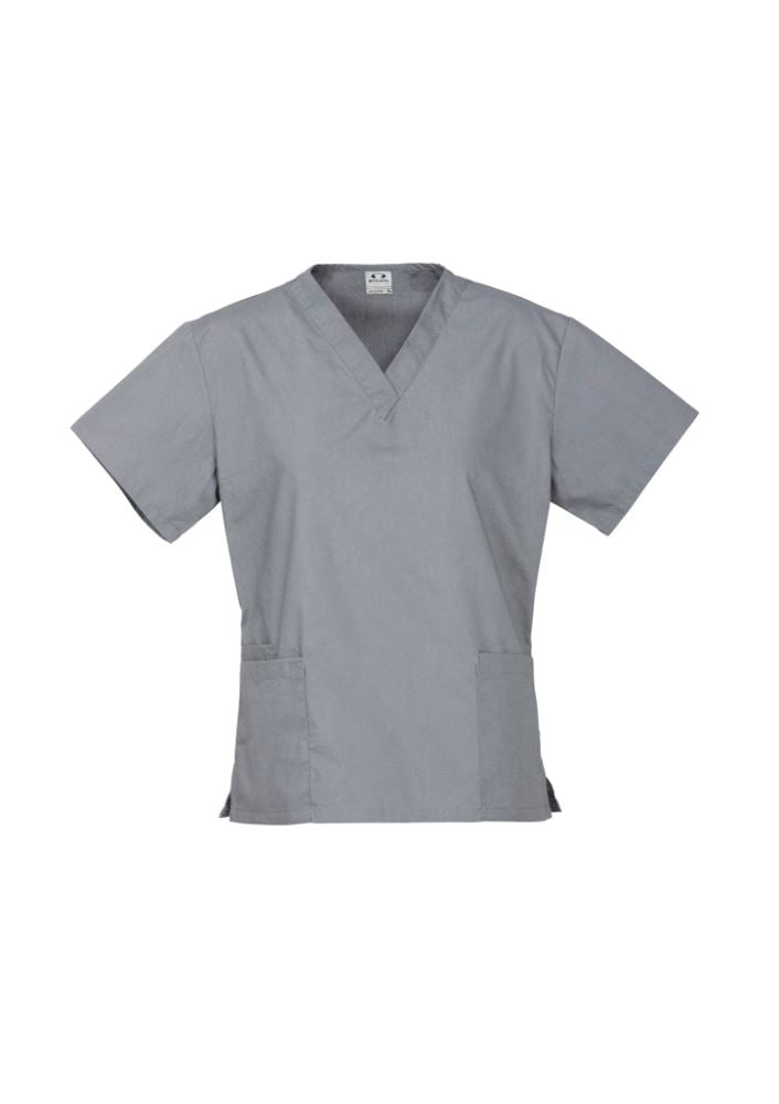 Ladies classic scrubs top in pewter, size 3XL, featuring soft stretch fabric, two front pockets, and professional style.