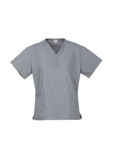 Ladies classic scrubs top in pewter, size 3XL, featuring soft stretch fabric, two front pockets, and professional style.