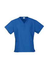 Ladies Classic Scrubs Top in royal blue, Size S, with soft fabric, natural stretch, and two front pockets for healthcare essentials.