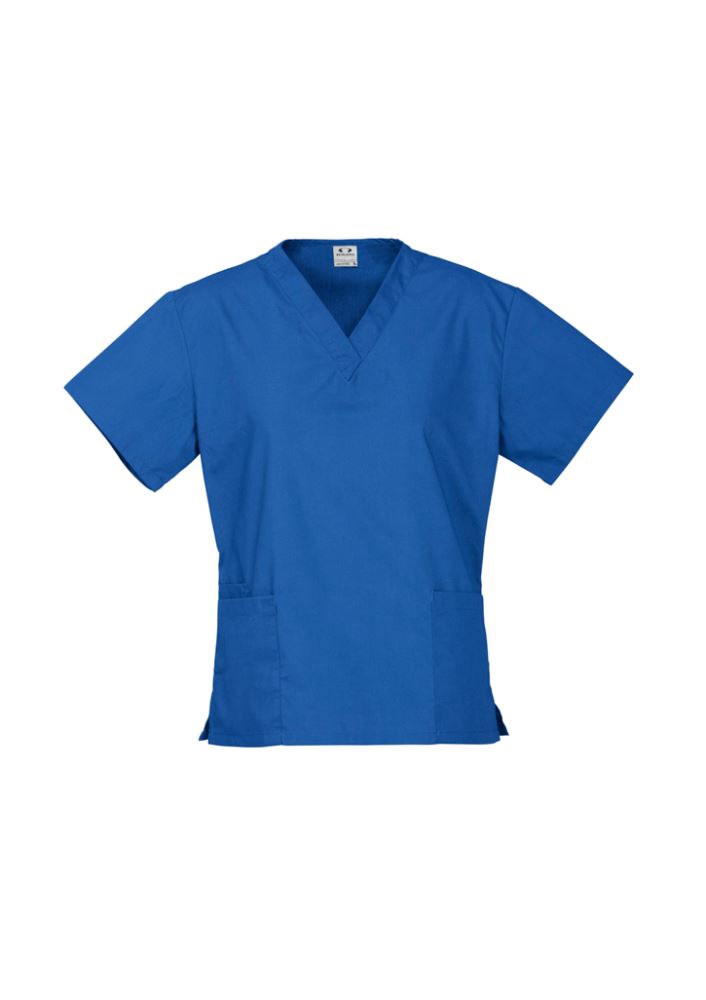 Ladies XL royal blue scrubs top by Biz Collection, featuring soft, stretchy fabric and two concealed inner pockets for essentials.