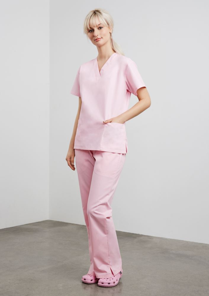 Ladies Classic Black Scrubs Top in size XS, featuring soft stretch fabric, two pockets, and stylish design for healthcare professionals.