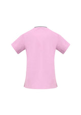 Ladies Baby Pink/Pewter crossover scrubs top in 4XL, featuring contrast trim, pockets, and comfortable, durable fabric.