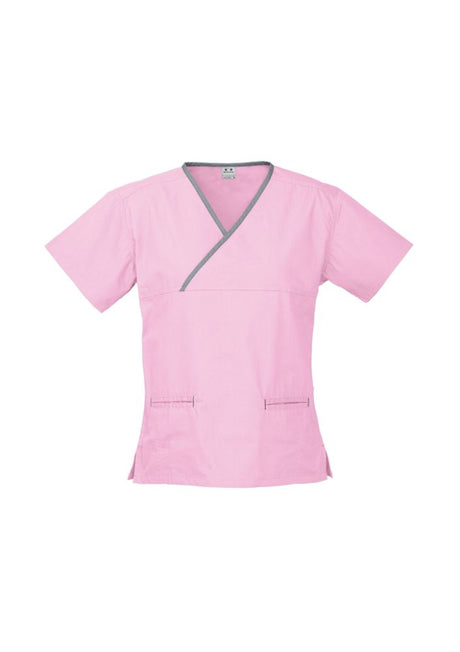 Ladies Contrast Crossover Scrubs Top in baby pink and pewter, 3XL, featuring stylish design, pockets, and side splits for comfort.