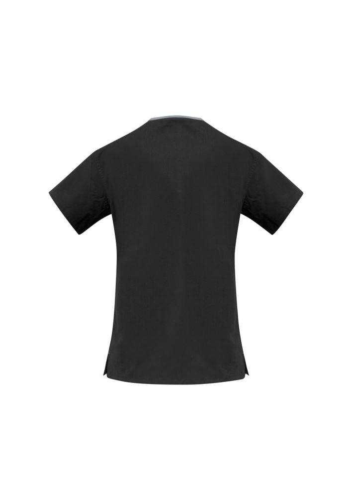 Ladies Contrast Crossover Scrubs Top in Black/Pewter, Size S, featuring soft-touch fabric, stylish design, and functional pockets.