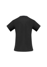Ladies Contrast Crossover Scrubs Top in Black/Pewter, Size S, featuring soft-touch fabric, stylish design, and functional pockets.