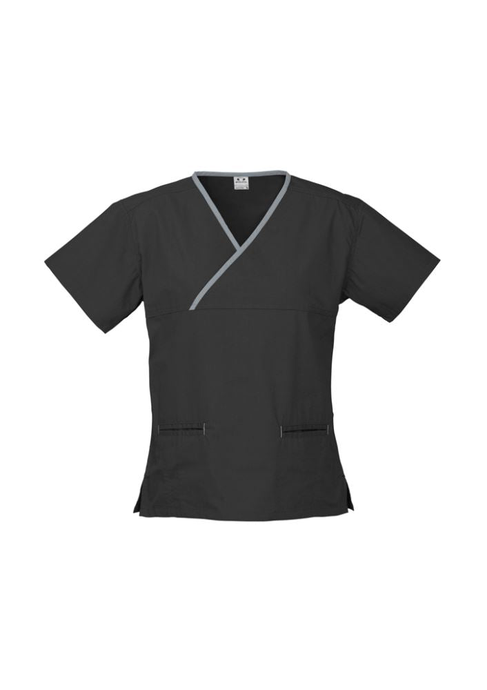 Ladies Black/Pewter Crossover Scrubs Top with stylish contrast trim, pockets, and side splits for comfort and movement. Size S.
