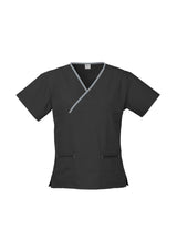 Ladies Black/Pewter Crossover Scrubs Top with stylish contrast trim, pockets, and side splits for comfort and movement. Size S.