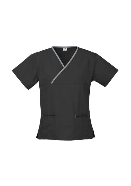 Ladies Black/Pewter Crossover Scrubs Top with stylish contrast trim, pockets, and side splits for comfort and movement. Size S.
