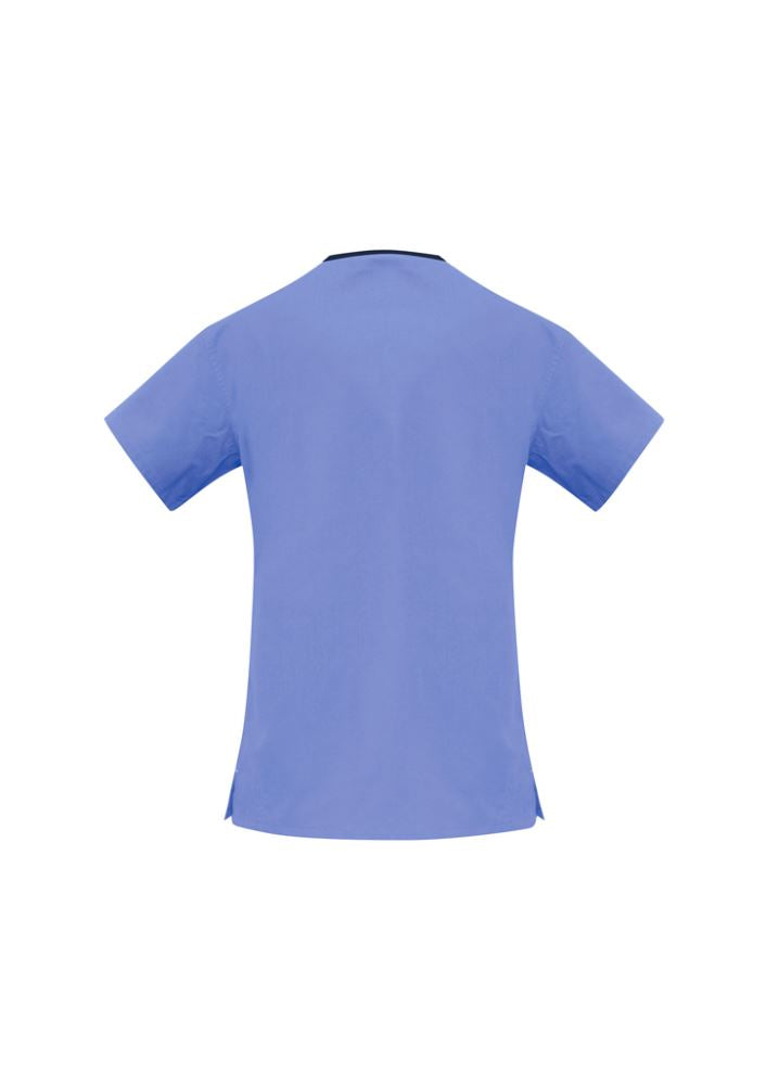 Mid blue and navy ladies scrubs top with crossover design, pockets, and side splits for comfort, size 4XL.