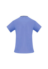 Ladies Contrast Crossover Scrubs Top in Mid Blue/Navy, showcasing a stylish design, pockets, and breathable, comfortable fabric.