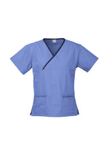 Mid blue and navy crossover scrubs top with contrast trim, pockets, and side splits, designed for healthcare professionals in size XL.