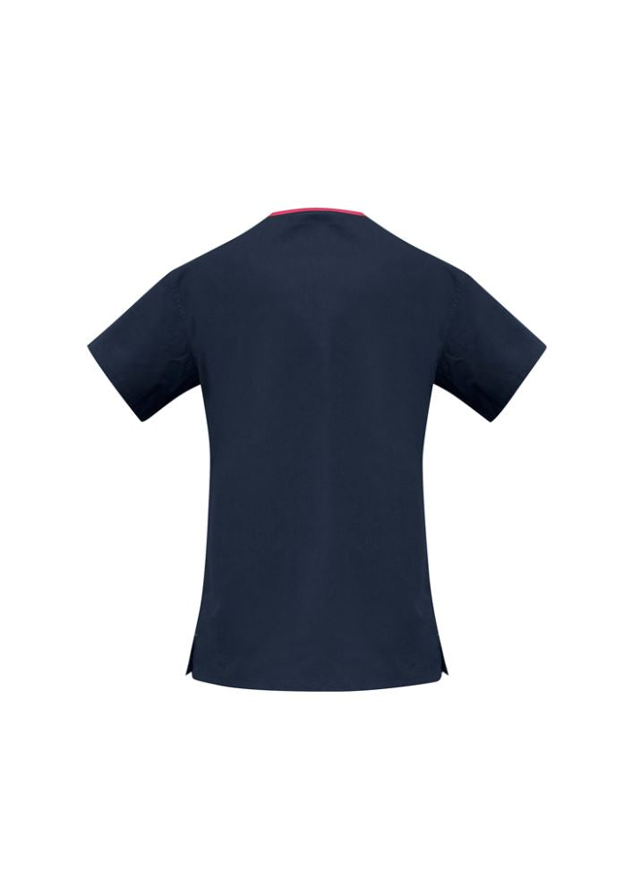 Navy and fuchsia ladies' crossover scrubs top in 3XL features soft-touch fabric, pockets, and side splits for comfort.