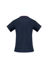 Navy and fuchsia ladies' crossover scrubs top in 3XL features soft-touch fabric, pockets, and side splits for comfort.
