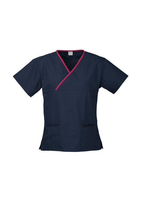 Navy and fuchsia crossover scrubs top with two pockets, side splits, soft stretch fabric, ideal for healthcare professionals.