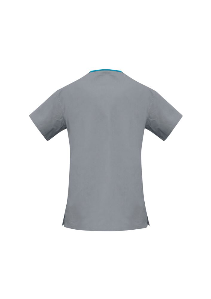 Ladies Contrast Crossover Scrubs Top in Pewter/Aqua, featuring contrast trim, two pockets, and side splits for comfort and style.