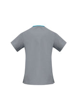Ladies Contrast Crossover Scrubs Top in Pewter/Aqua, featuring contrast trim, two pockets, and side splits for comfort and style.