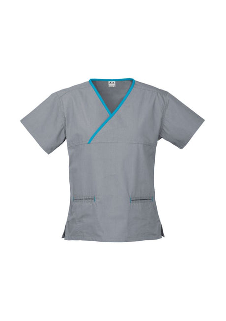 Ladies Pewter/Aqua contrast crossover scrubs top, size L, featuring pockets and side splits for comfort and functionality.