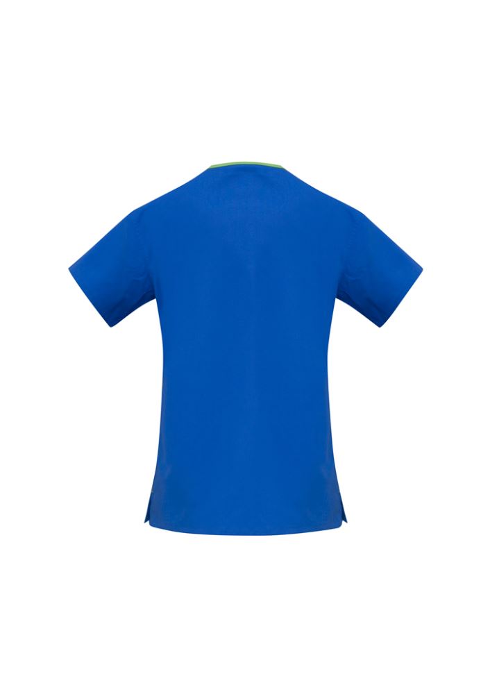 Ladies Contrast Crossover Scrubs Top in Royal/Lime, 3XL with stylish design, contrast trim, pockets, and durable stretch fabric.