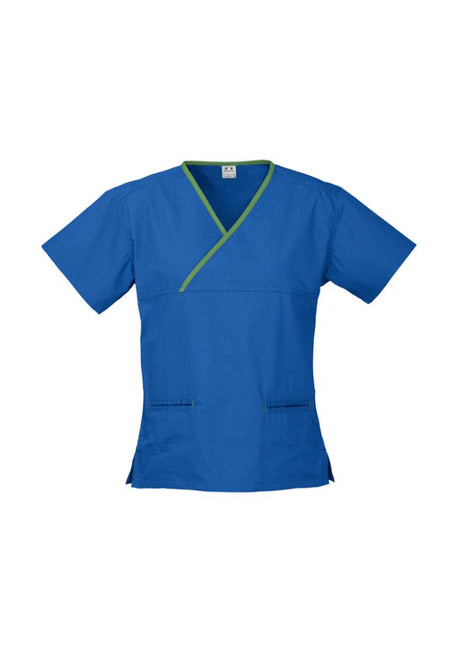 Ladies Royal/Lime crossover scrubs top with contrast trim, pockets, and side splits for comfort and style in healthcare settings.
