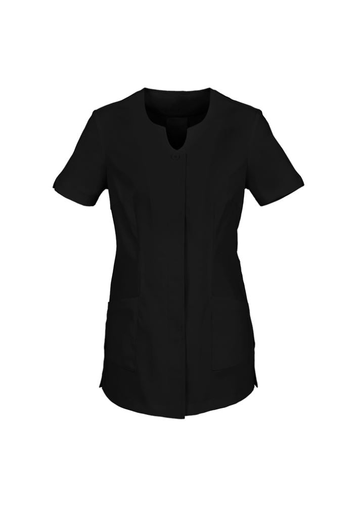 Elegant black Ladies Eden Tunic, size 12, featuring a collarless design, pockets, and Teflon® stain release fabric.