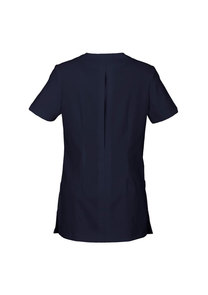 Ladies Eden Tunic in navy, size 16, featuring a semi-fitted design, V-shaped neck, two pockets, and Teflon stain release.