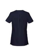 Ladies Eden Tunic in navy, size 16, featuring a semi-fitted design, V-shaped neck, two pockets, and Teflon stain release.