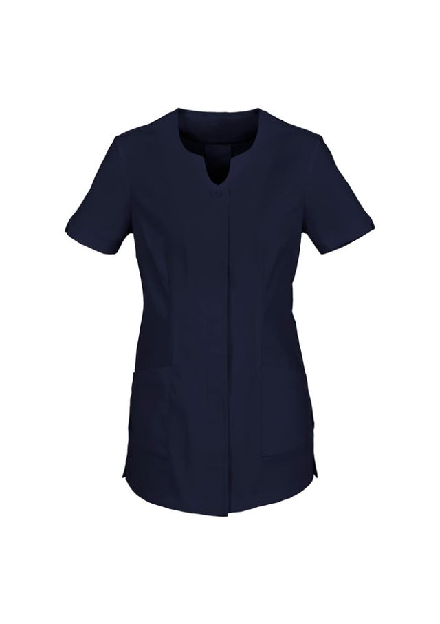 Navy ladies tunic in size 10 featuring a stylish V-neck, pockets, and Teflon stain release fabric for comfort and elegance.