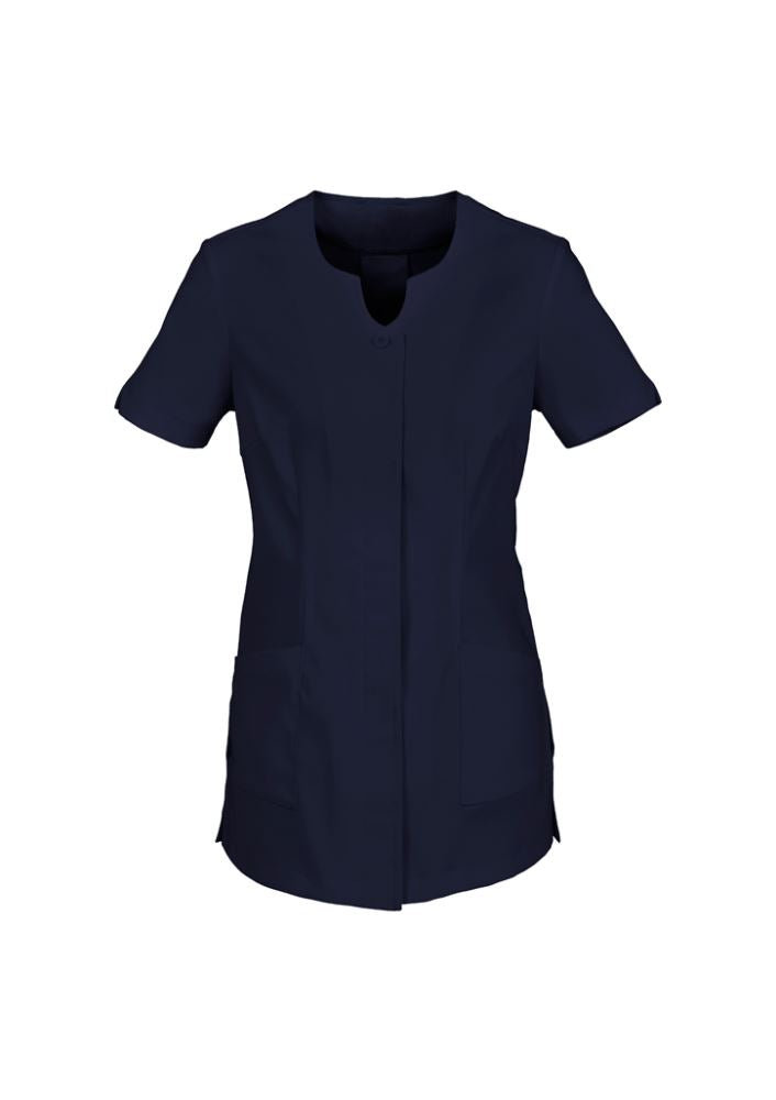 Navy Ladies Eden Tunic, size 16, features a V-neck, concealed buttons, pockets, and stylish side splits for comfort and elegance.