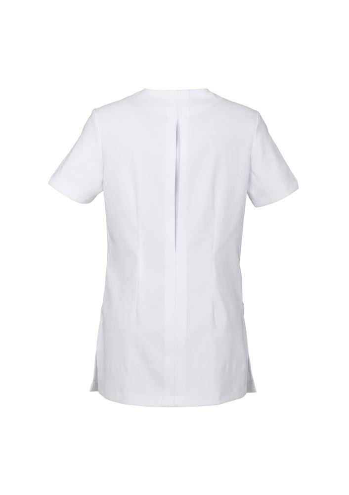 Ladies Eden Tunic in white, size 8; features stain-resistant fabric, concealed buttons, V-neck, and deep side splits.