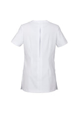 Ladies Eden Tunic in white, size 8; features stain-resistant fabric, concealed buttons, V-neck, and deep side splits.