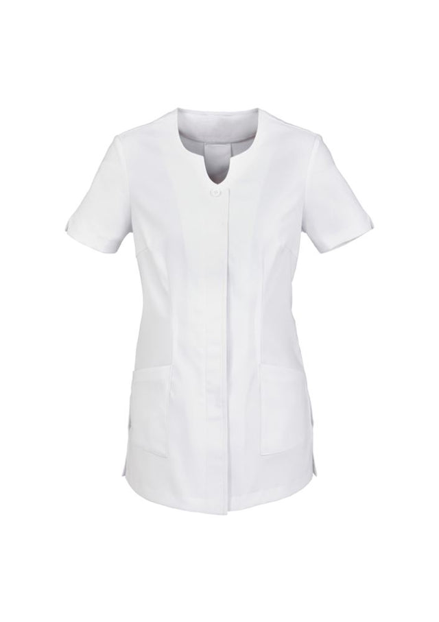 Ladies Eden Tunic in white, size 10, features V-neck, concealed buttons, pockets, and Teflon stain-resistant fabric.