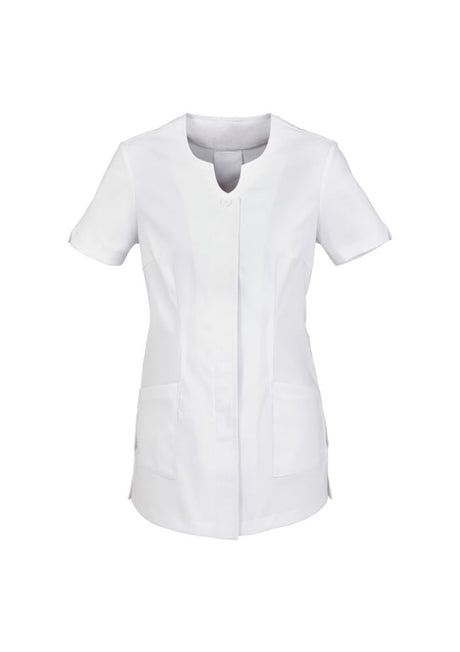 Ladies Eden Tunic in white, size 16, featuring a V-neck, concealed buttons, pockets, and Teflon stain-release fabric.