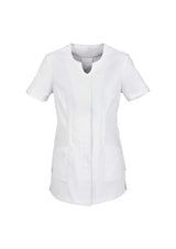 Ladies Eden Tunic in white, size 20, featuring a chic 'V' neck, concealed buttons, and practical pockets for stylish comfort.