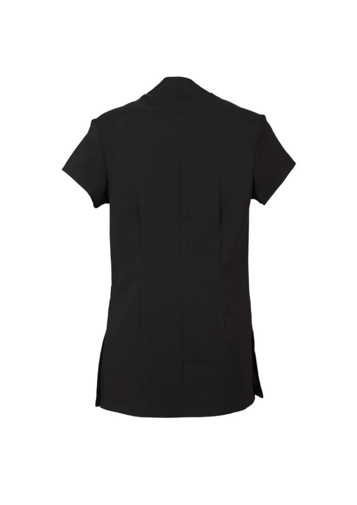Stylish black Ladies Zen Crossover Tunic, Size 12, featuring a V-neck, mandarin collar, and deep side splits for comfort.