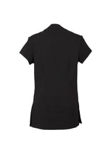 Stylish black Ladies Zen Crossover Tunic, Size 12, featuring a V-neck, mandarin collar, and deep side splits for comfort.