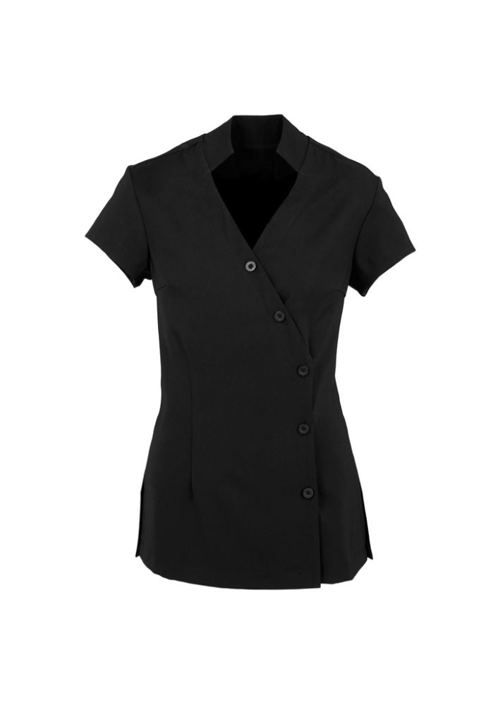 Elegant black Ladies Zen Crossover Tunic in Size 12, featuring a wrap-over style, 'V' neck, and deep side splits.