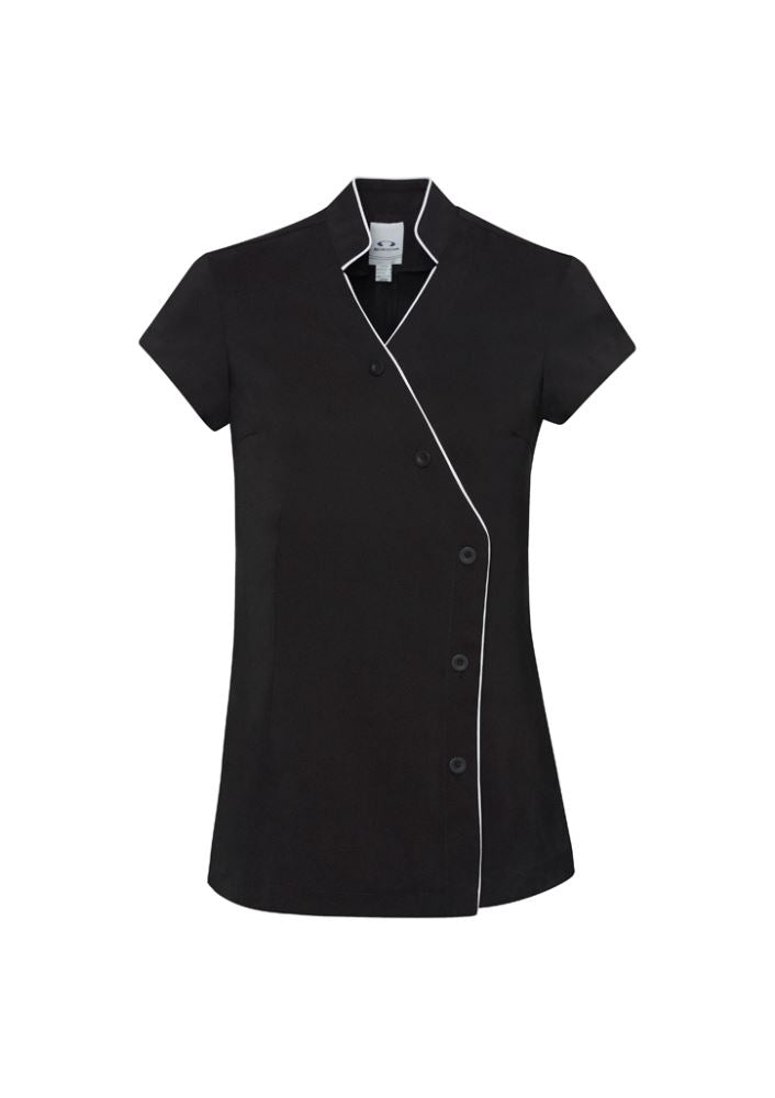 Stylish black and white ladies' tunic with V-neck, mandarin collar, and deep side splits, size 8, perfect for any occasion.