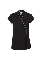 Stylish black and white ladies' tunic with V-neck, mandarin collar, and deep side splits, size 8, perfect for any occasion.
